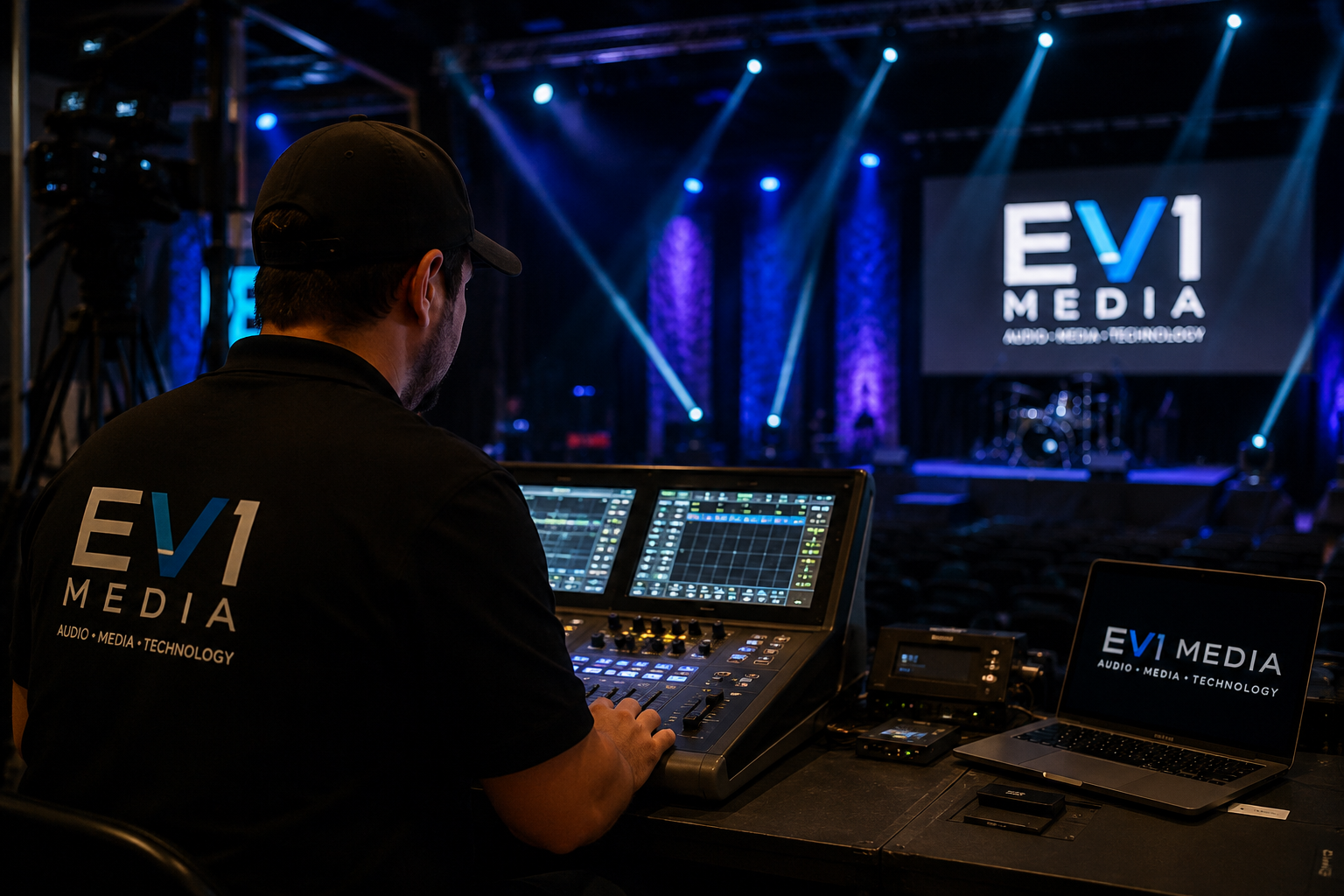 EV1Media technician operating audio, media, and lighting systems
